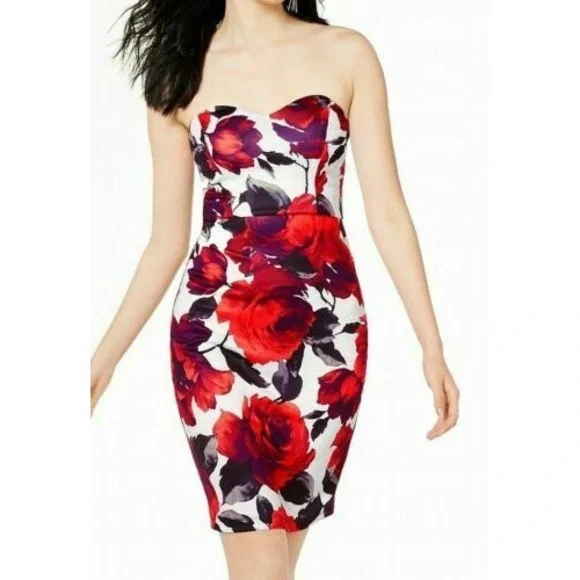 B.Darlin Junior's Sheath Dress Red Multi Plus Size 20X Strapless Floral-Print - Picture 4 of 10